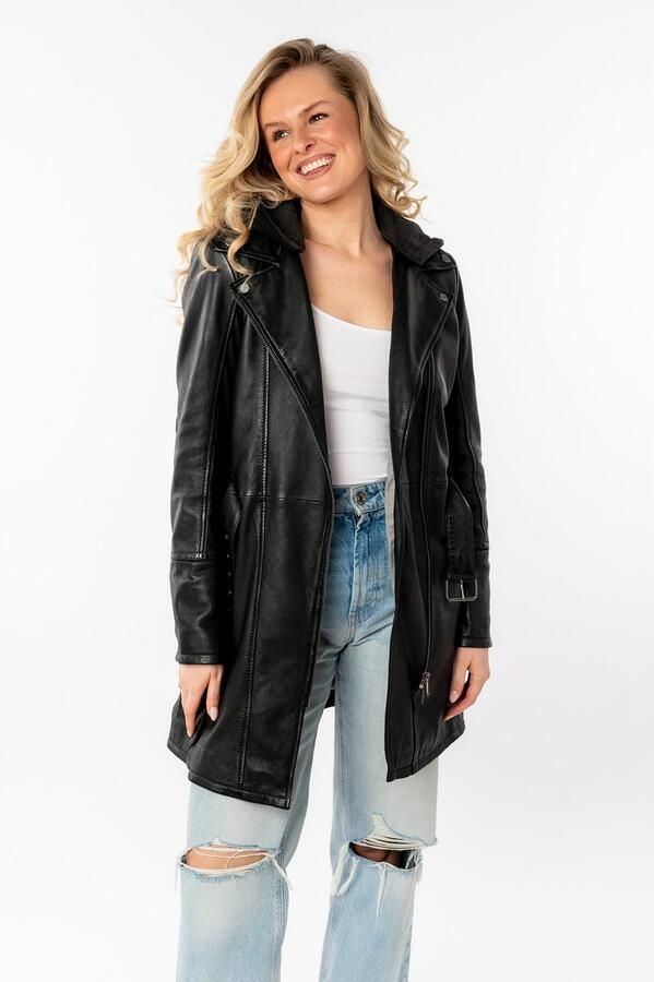 Mauritius Lange leren jas Seneka2 met riem afneembare jerseycapuchon en coole biker-details - Foto 3