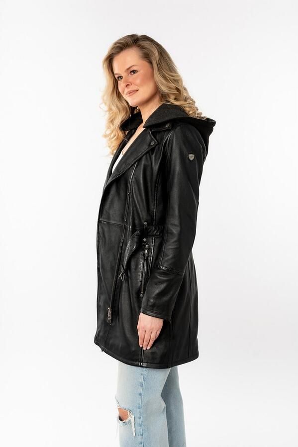 Mauritius Lange leren jas Seneka2 met riem afneembare jerseycapuchon en coole biker-details - Foto 5