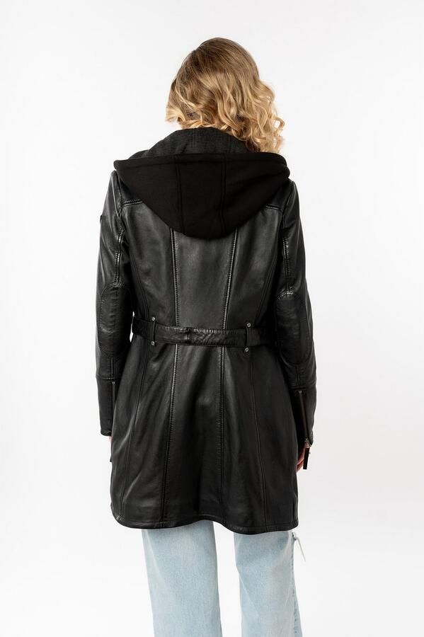 Mauritius Lange leren jas Seneka2 met riem afneembare jerseycapuchon en coole biker-details - Foto 6