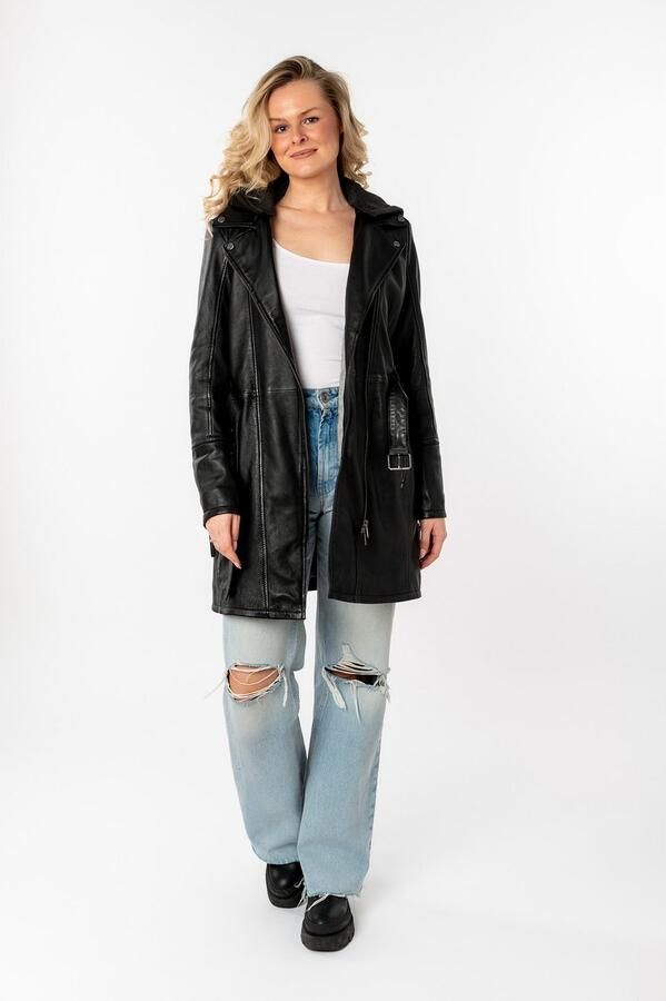 Mauritius Lange leren jas Seneka2 met riem afneembare jerseycapuchon en coole biker-details - Foto 7