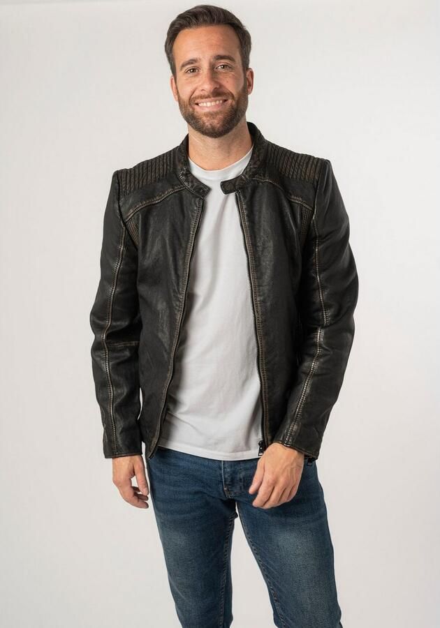 Mauritius Leren jack 2Mgoji SF met markante siernaden sierstepping antieke look rits - Foto 11