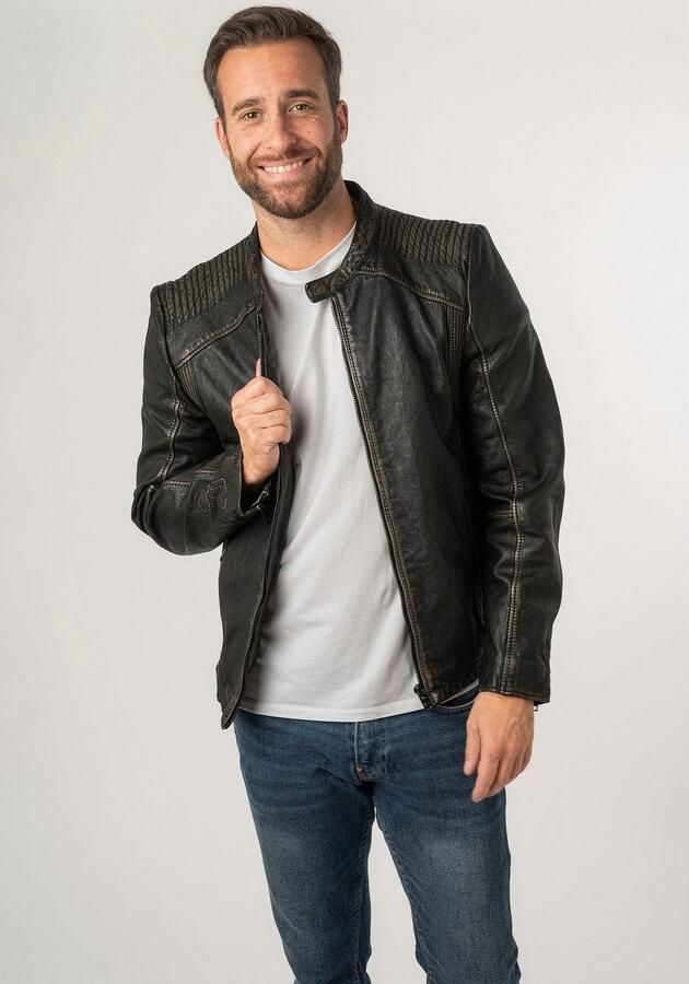 Mauritius Leren jack 2Mgoji SF met markante siernaden sierstepping antieke look rits - Foto 12