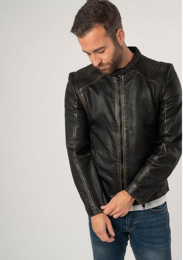 Mauritius Leren jack 2Mgoji SF met markante siernaden sierstepping antieke look rits - Foto 5