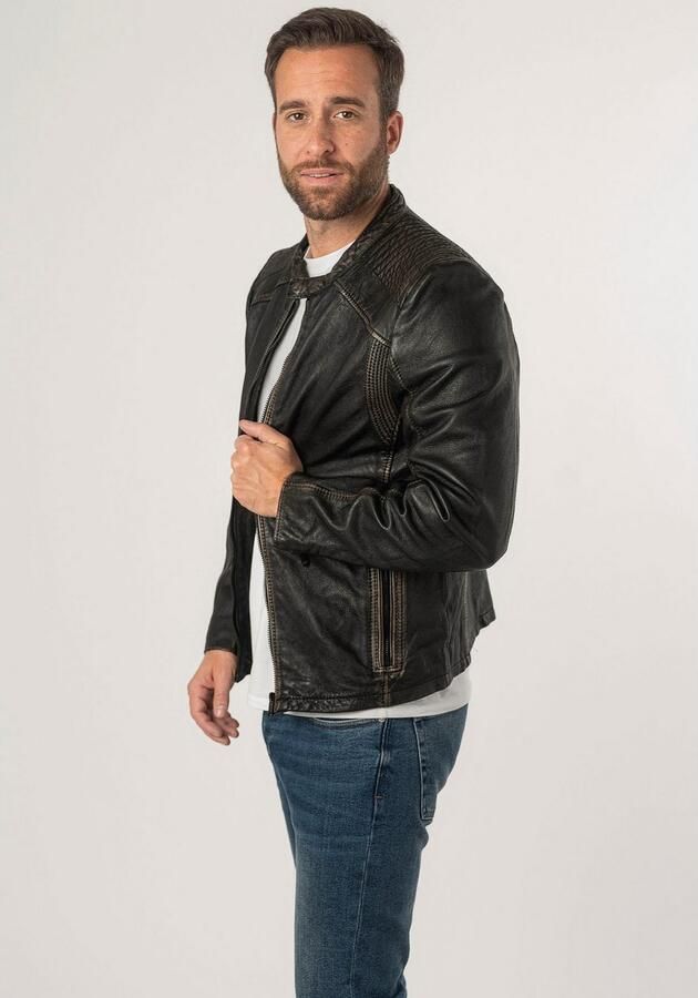 Mauritius Leren jack 2Mgoji SF met markante siernaden sierstepping antieke look rits - Foto 13