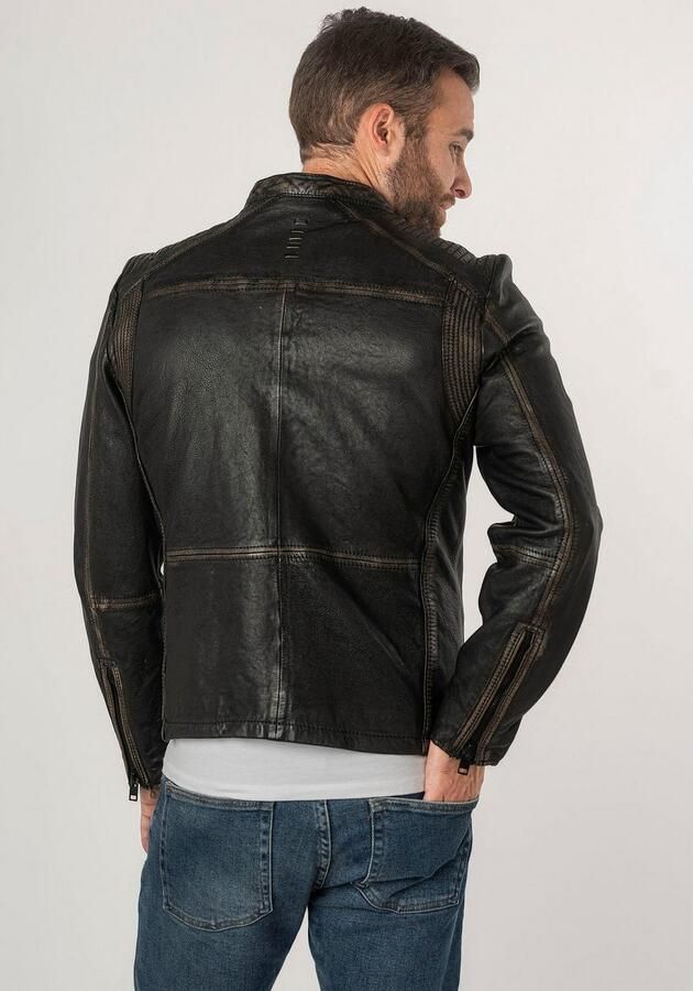 Mauritius Leren jack 2Mgoji SF met markante siernaden sierstepping antieke look rits - Foto 14