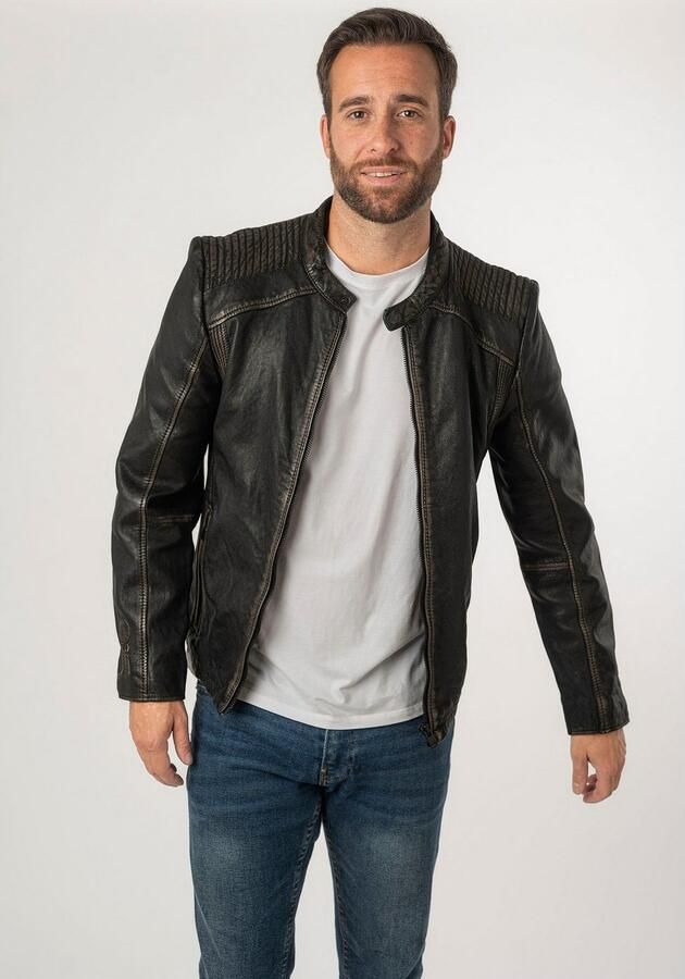 Mauritius Leren jack 2Mgoji SF met markante siernaden sierstepping antieke look rits - Foto 16