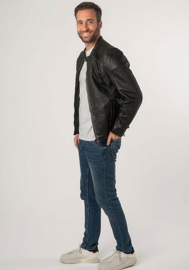 Mauritius Leren jack 2Mgoji SF met markante siernaden sierstepping antieke look rits - Foto 7