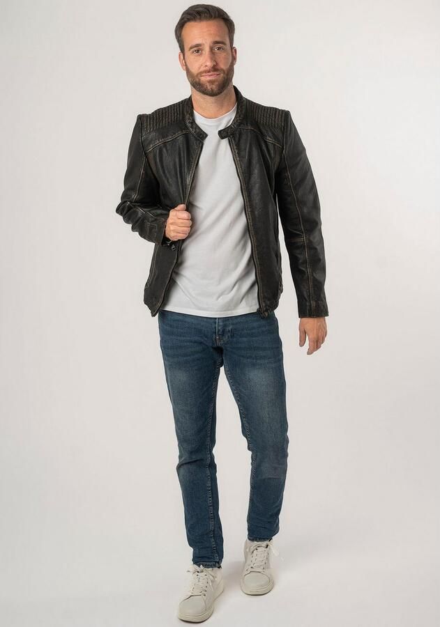 Mauritius Leren jack 2Mgoji SF met markante siernaden sierstepping antieke look rits - Foto 8