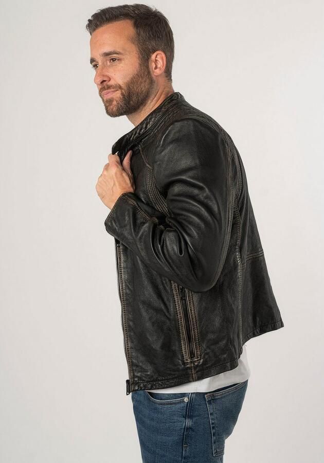 Mauritius Leren jack 2Mgoji SF met markante siernaden sierstepping antieke look rits - Foto 18