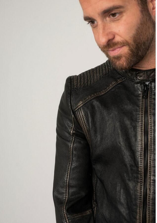 Mauritius Leren jack 2Mgoji SF met markante siernaden sierstepping antieke look rits - Foto 2