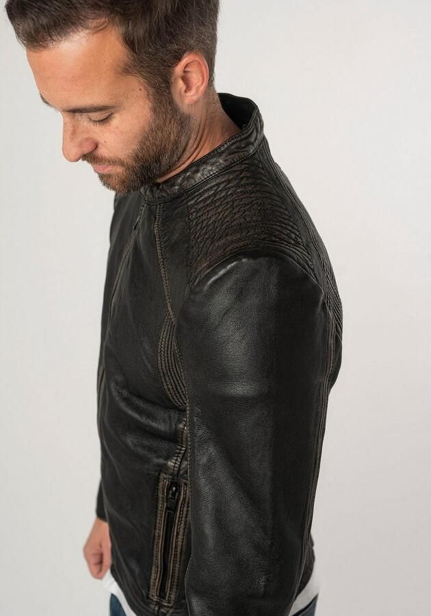 Mauritius Leren jack 2Mgoji SF met markante siernaden sierstepping antieke look rits - Foto 19