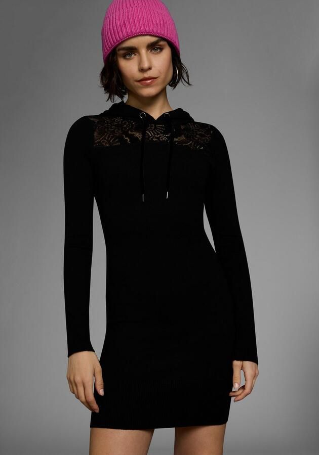 Melrose Gebreide jurk Mini-lengte met kantinzetstuk en capuchon - Foto 10