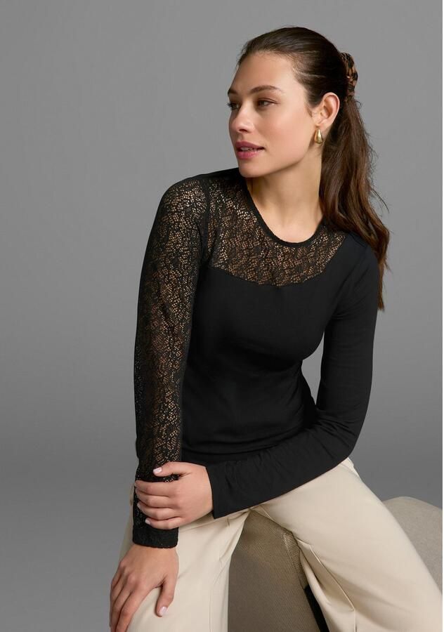 Melrose Shirt met ronde hals lange mouwen zeer figuurvolgend met kantinzetten heuplang - Foto 4