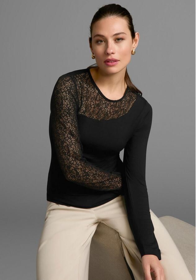 Melrose Shirt met ronde hals lange mouwen zeer figuurvolgend met kantinzetten heuplang - Foto 5