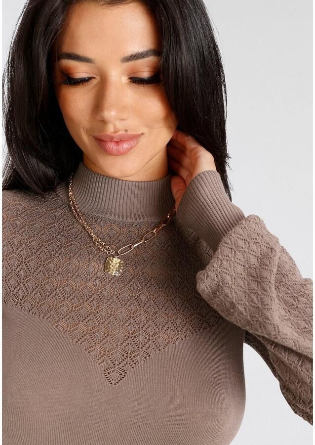 Melrose Trui met staande kraag met ajourbreisel en volumineuze mouwen - Foto 3