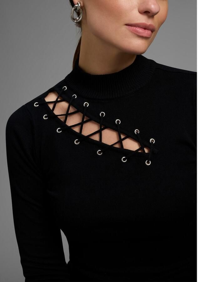 Melrose Trui met staande kraag vrouwelijke pasvorm met decoratieve vetersluiting - Foto 2