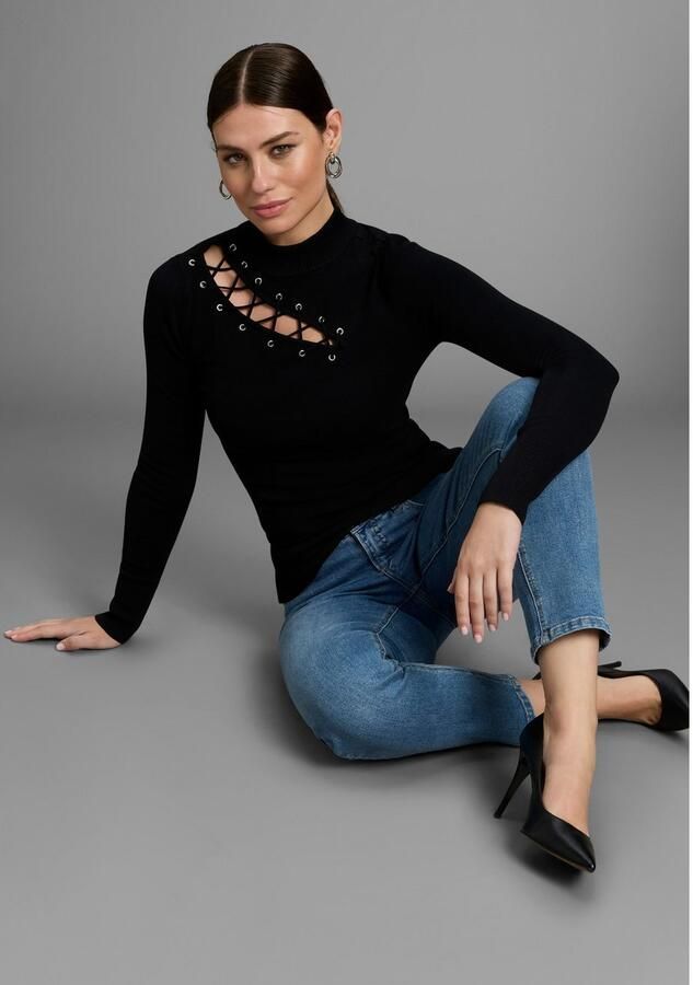 Melrose Trui met staande kraag vrouwelijke pasvorm met decoratieve vetersluiting - Foto 3