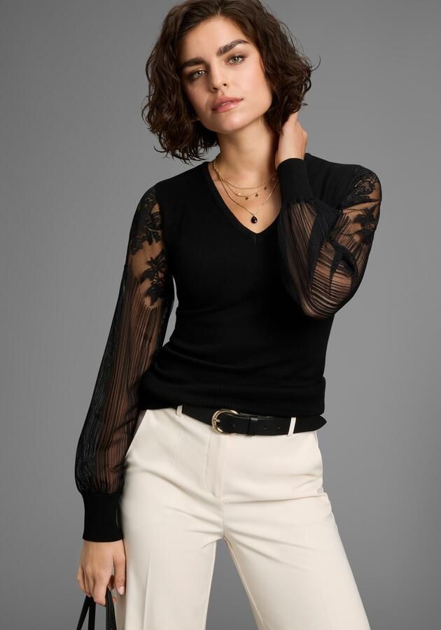 Melrose Trui met V-hals Fijn gebreide trui met mouwen van hoogwaardig kant - Foto 2