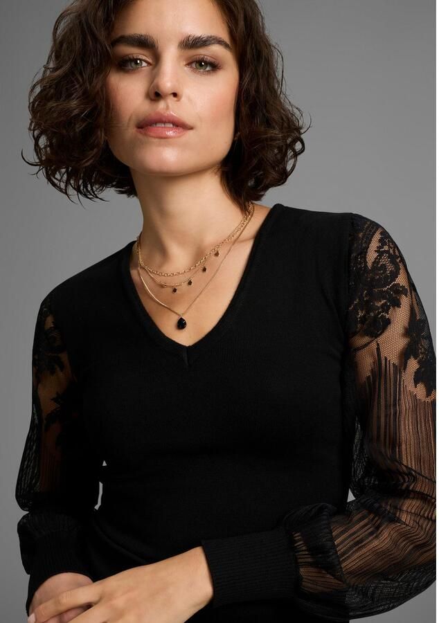 Melrose Trui met V-hals Fijn gebreide trui met mouwen van hoogwaardig kant