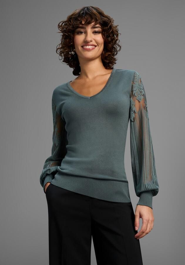 Melrose Trui met V-hals Fijn gebreide trui met mouwen van hoogwaardig kant - Foto 6