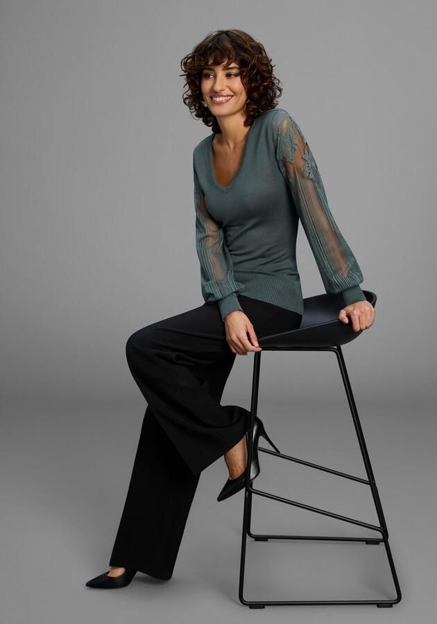 Melrose Trui met V-hals Fijn gebreide trui met mouwen van hoogwaardig kant - Foto 5