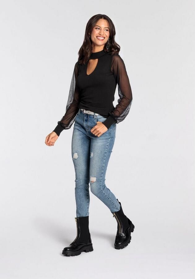 Melrose Trui met V-hals met vrouwelijke mesh-mouwen en cut-out - Foto 6