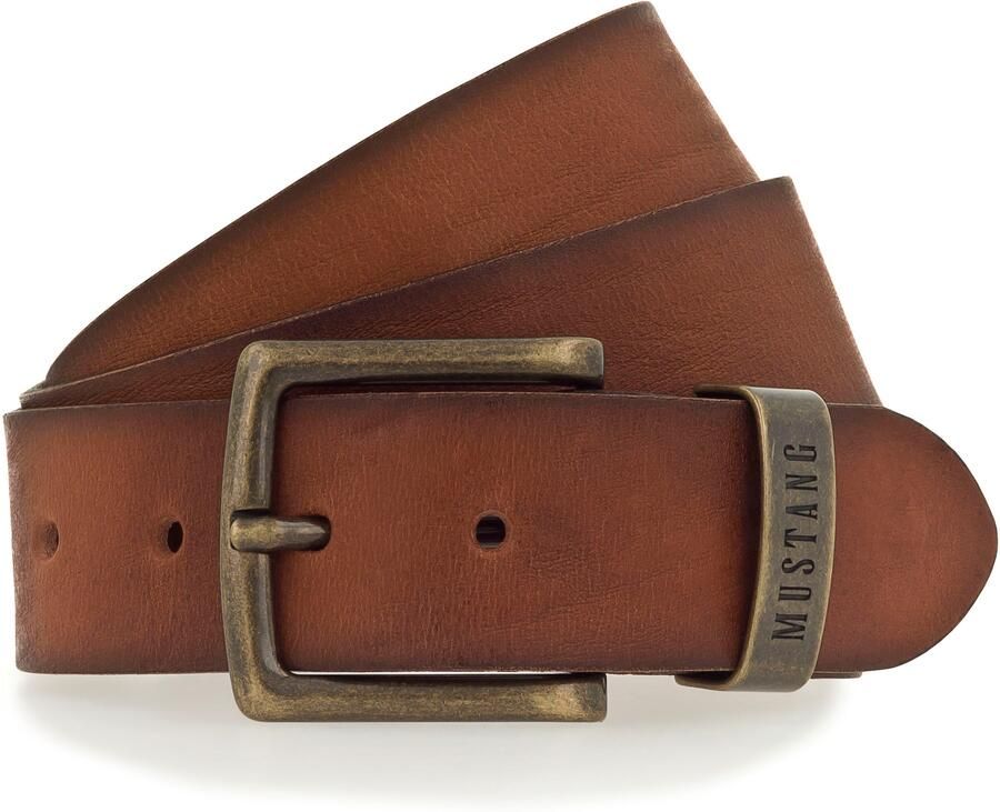 Mustang Leren riem Knoop in oud messingkleur logo op de metalen lus 4 cm - Foto 4