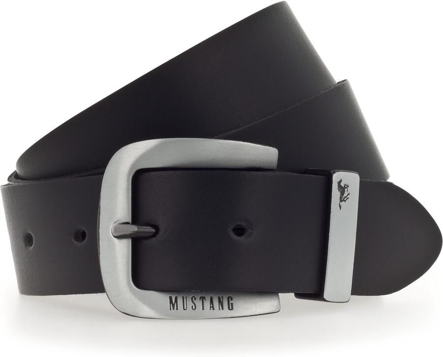 Mustang Leren riem Overlengte pin-sluiting in zwart zilverkleur 3 5 cm