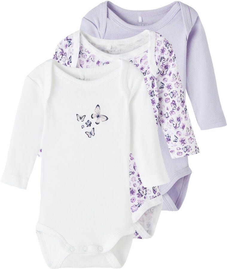 Name it BABY romper NBFBODY set van 3 met all over print paars wit Meisjes Katoen (biologisch) Ronde hals 80