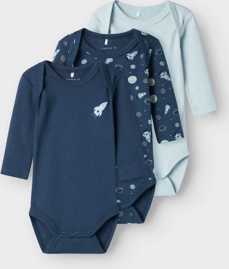 Name it BABY romper NBMBODY set van 3 donkerblauw lichtblauw Jongens Katoen Ronde hals 50 - Foto 4