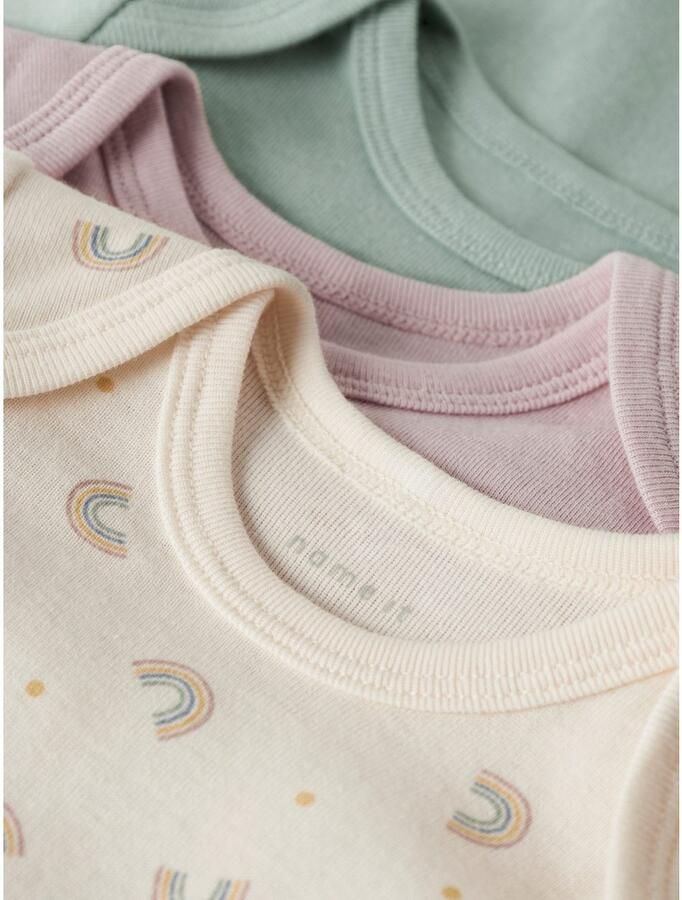 NAME IT BABY romper offwhite roze groen (set van 3) Ecru Meisjes Katoen Ronde hals - Foto 3