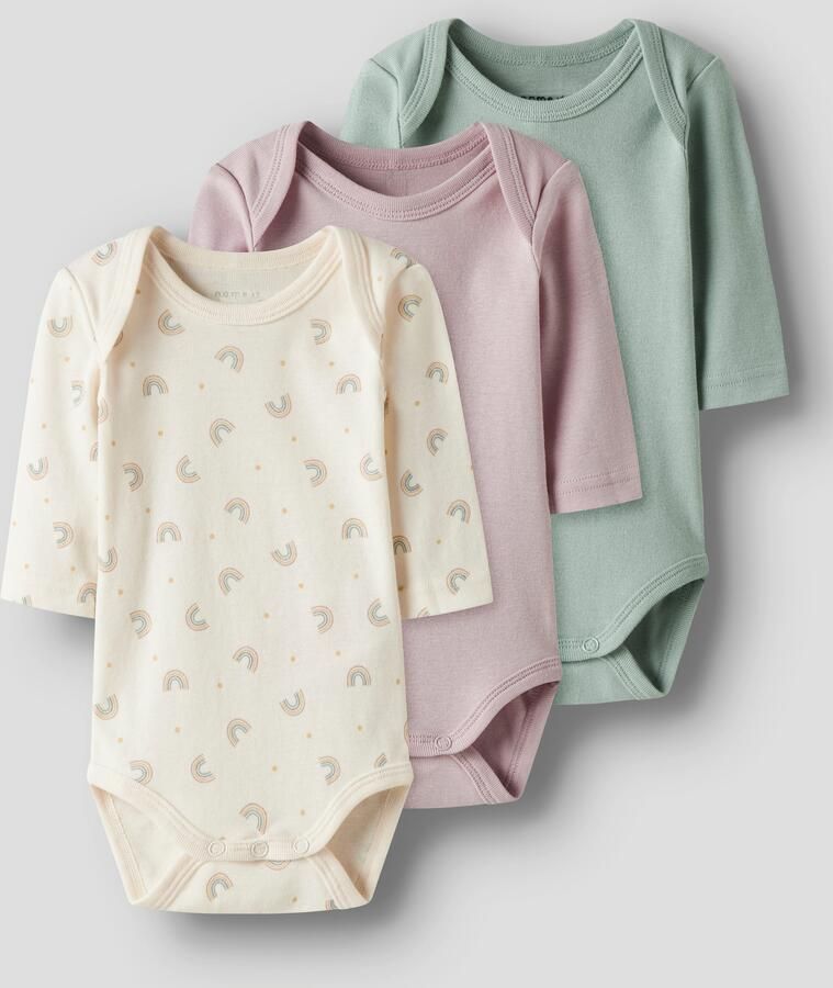 NAME IT BABY romper offwhite roze groen (set van 3) Ecru Meisjes Katoen Ronde hals - Foto 2