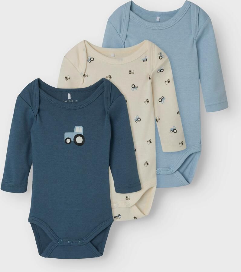 NAME IT BABY romper NBMNIGHTSUIT blauw ecru (set van 3) Jongens Katoen Ronde hals - Foto 2