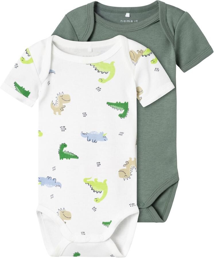 Name it BABY romper NBMBODY set van 2 groen wit Jongens Biologisch katoen Ronde hals 50