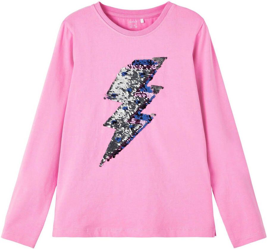 NAME IT KIDS longsleeve NKFBASTAR met printopdruk en pailletten roze