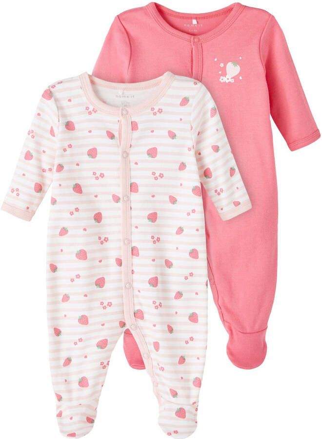 Name it BABY pyjama NBFNIGHTSUIT set van 2 roze wit Onesie Meisjes Biologisch katoen Ronde hals 50