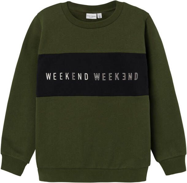 Name it KIDS sweater NKMVANCE met tekst donkergroen Tekst 122 128