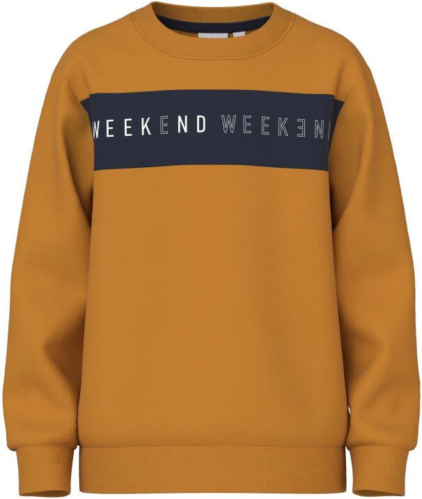 Name it KIDS sweater NKMVANCE met tekst goudgeel donkerblauw Tekst 134 140