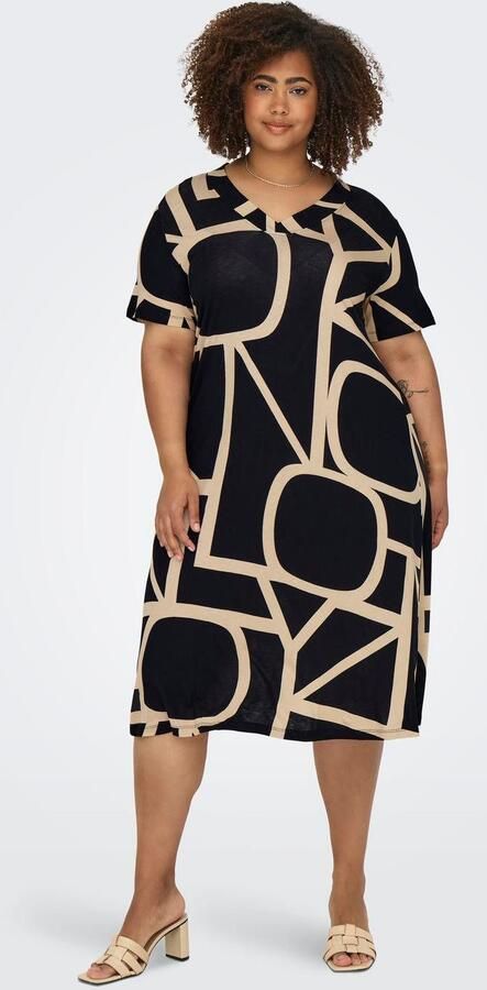 ONLY CARMAKOMA Shirtjurk CARFYRLA LIFE S S V-NCK BLK AOP DRE NOOS Zomerjurk zacht vloeiende jersey kwaliteit - Foto 11