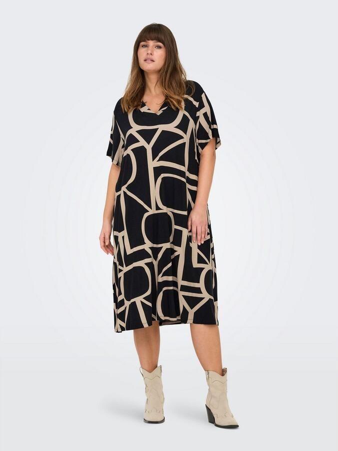 ONLY CARMAKOMA Shirtjurk CARFYRLA LIFE S S V-NCK BLK AOP DRE NOOS Zomerjurk zacht vloeiende jersey kwaliteit - Foto 3