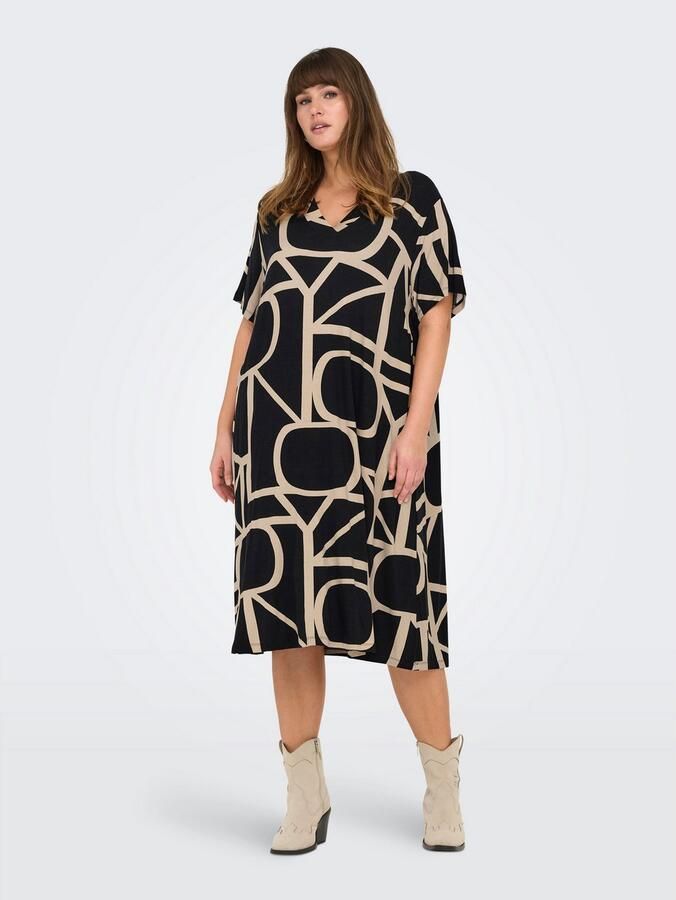 ONLY CARMAKOMA Shirtjurk CARFYRLA LIFE S S V-NCK BLK AOP DRE NOOS Zomerjurk zacht vloeiende jersey kwaliteit - Foto 4