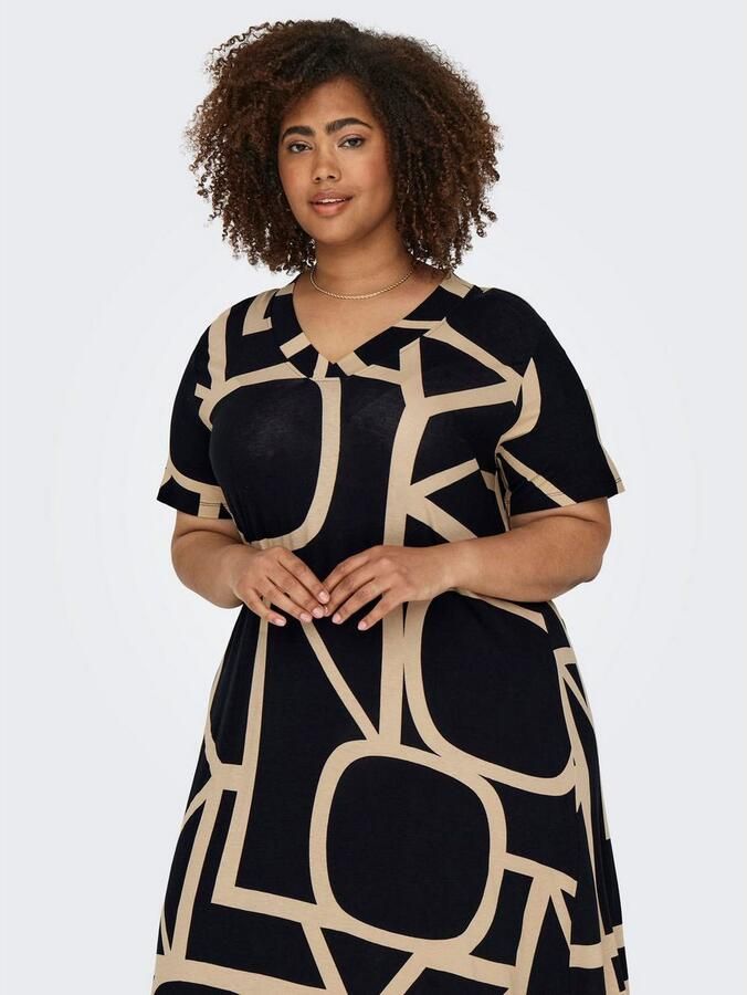 ONLY CARMAKOMA Shirtjurk CARFYRLA LIFE S S V-NCK BLK AOP DRE NOOS Zomerjurk zacht vloeiende jersey kwaliteit - Foto 6