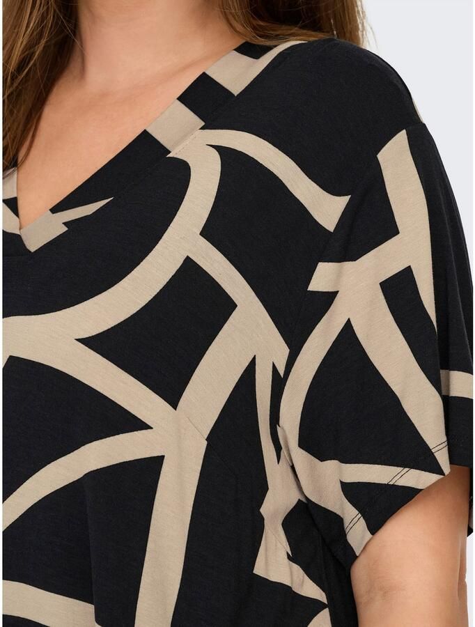 ONLY CARMAKOMA Shirtjurk CARFYRLA LIFE S S V-NCK BLK AOP DRE NOOS Zomerjurk zacht vloeiende jersey kwaliteit - Foto 2