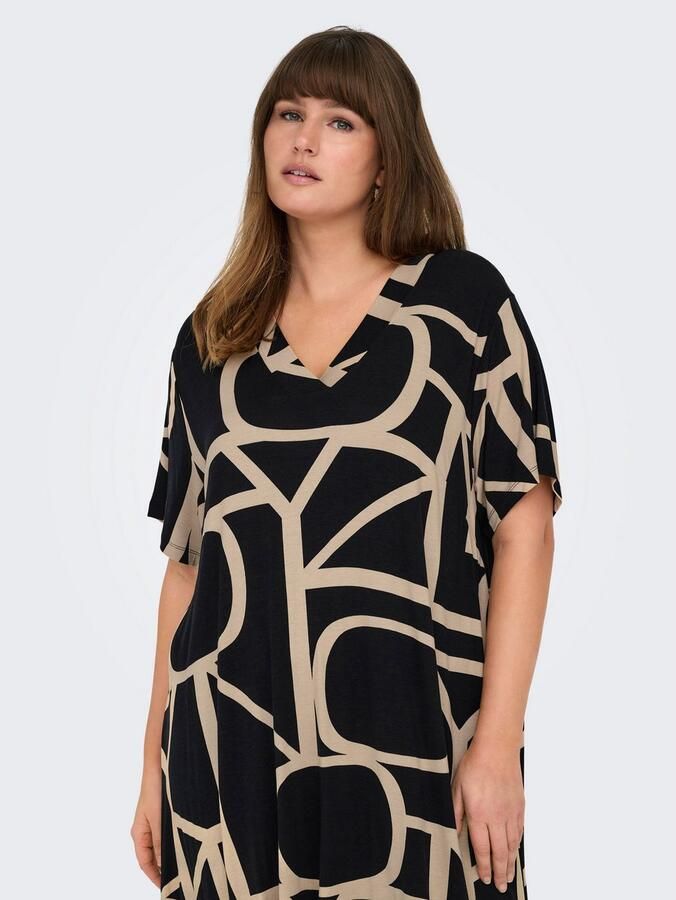 ONLY CARMAKOMA Shirtjurk CARFYRLA LIFE S S V-NCK BLK AOP DRE NOOS Zomerjurk zacht vloeiende jersey kwaliteit - Foto 7