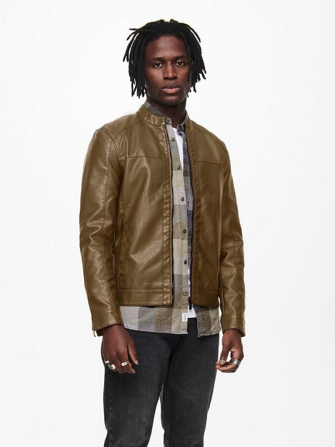ONLY & SONS imitatie leren jas ONSMIKE bruin - Foto 4