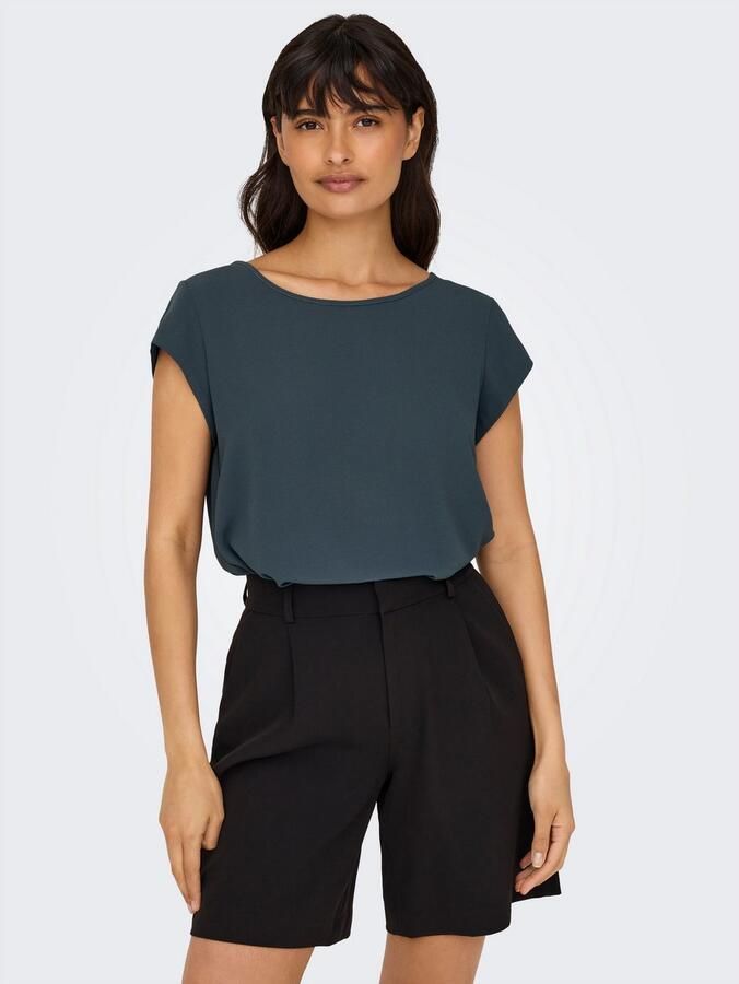 Only Blouse met korte mouwen ONLVIC – Vrouwelijke blouseshirt in losse vorm regular fit web kunstvezel ronde hals effen - Foto 3