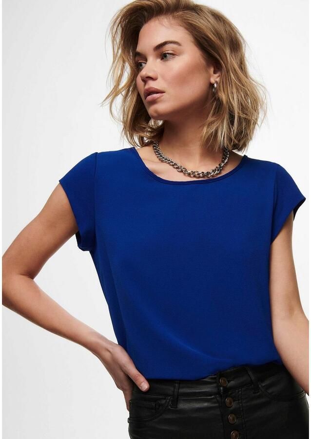 Only Blouse met korte mouwen ONLVIC – Vrouwelijke blouseshirt in losse vorm regular fit web kunstvezel ronde hals effen - Foto 4