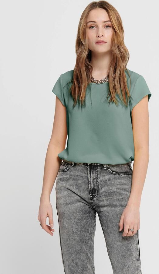 Only Blouse met korte mouwen ONLVIC – Vrouwelijke blouseshirt in losse vorm regular fit web kunstvezel ronde hals effen - Foto 5