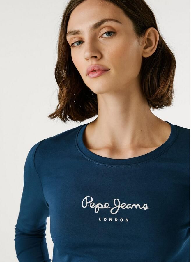 Pepe Jeans Blauw Katoenen Longsleeve T-shirt met Print Logo Blue Dames