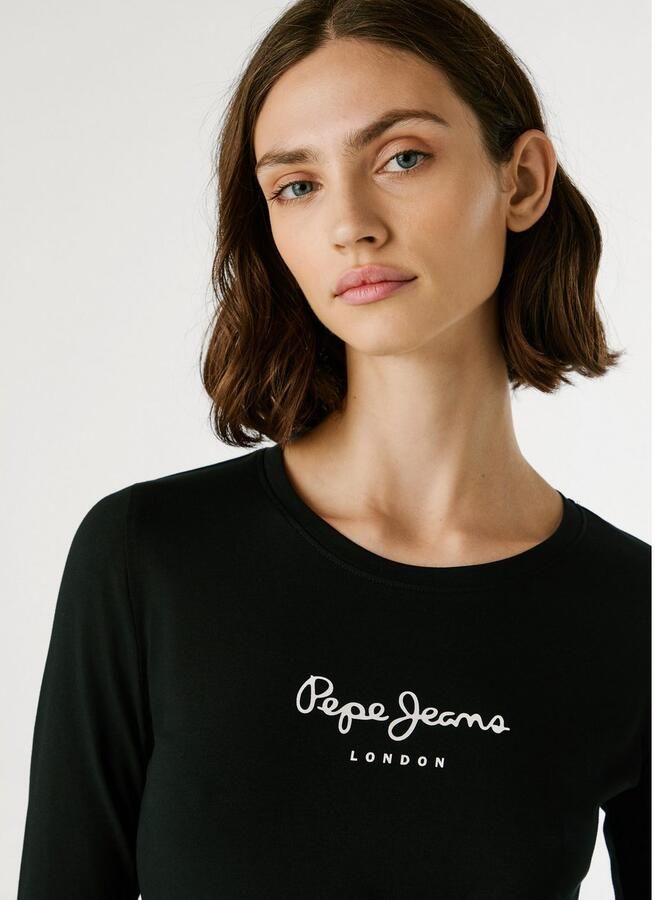 Pepe Jeans Zwarte Katoenen Logo T-Shirt met Lange Mouwen Black Dames